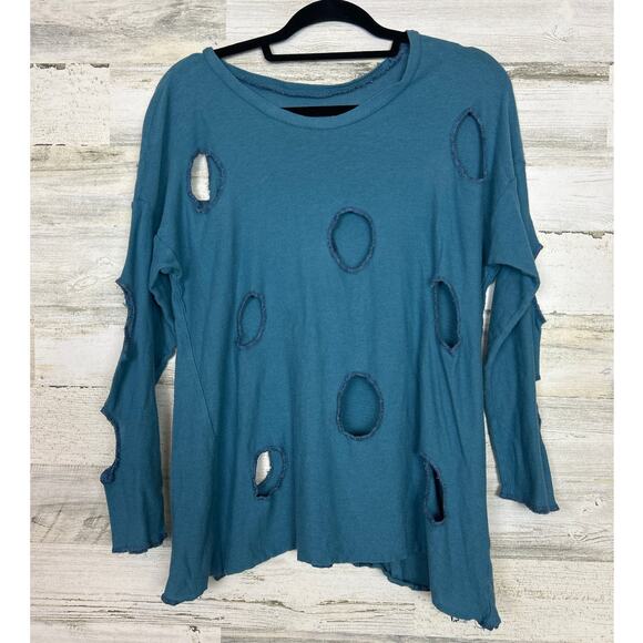 Axel Hardy women one size blue hole long sleeve distressed boho top shirt rare - Picture 2 of 5
